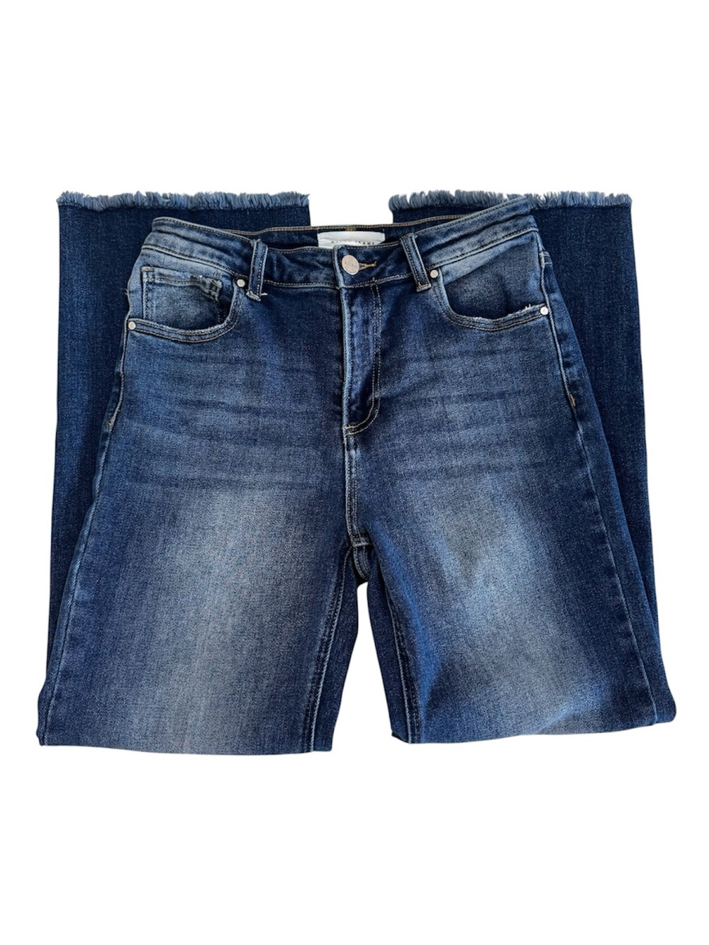 Risen RDP5572 High Rise Wide Straight Crop Raw Hem Jeans Women’s 7/28 Dark Wash - Picture 2 of 9